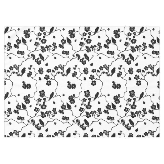 Black and White Pattern Birds on Cherry Blossoms Tafelkleed (Voorkant (Horizontaal))