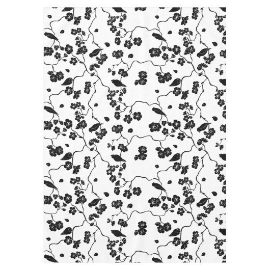 Black and White Pattern Birds on Cherry Blossoms Tafelkleed (Voorkant)