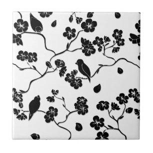 Black and White Pattern Birds on Cherry Blossoms Tegeltje