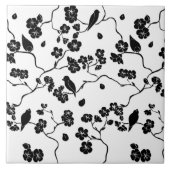 Black and White Pattern Birds on Cherry Blossoms Tegeltje (Voorkant)