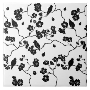 Black and White Pattern Birds on Cherry Blossoms Tegeltje