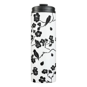 Black and White Pattern Birds on Cherry Blossoms Thermosbeker