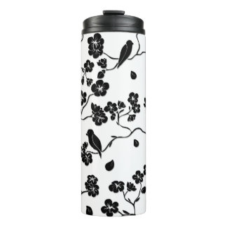 Black and White Pattern Birds on Cherry Blossoms Thermosbeker