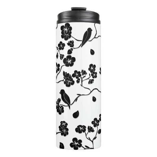 Black and White Pattern Birds on Cherry Blossoms Thermosbeker (Voorkant)