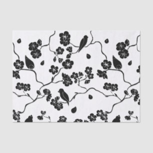 Black and White Pattern Birds on Cherry Blossoms Tissuepapier