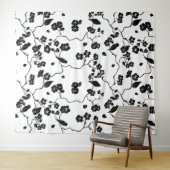 Black and White Pattern Birds on Cherry Blossoms Wandkleed (In Situ (horizontaal))