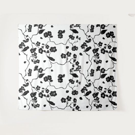 Black and White Pattern Birds on Cherry Blossoms Wandkleed (Voorkant (horizontaal))