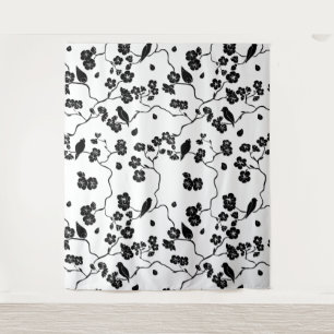 Black and White Pattern Birds on Cherry Blossoms Wandkleed