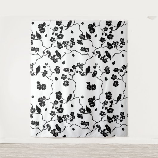 Black and White Pattern Birds on Cherry Blossoms Wandkleed (Voorkant)