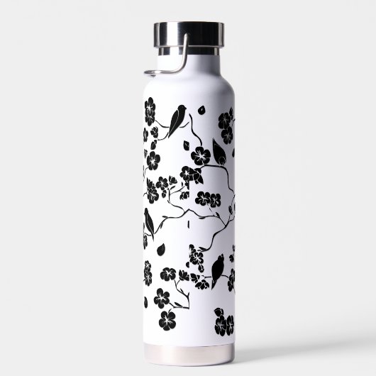 Black and White Pattern Birds on Cherry Blossoms Waterfles (Rechts)