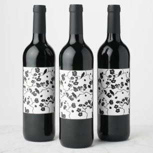 Black and White Pattern Birds on Cherry Blossoms Wijn Etiket