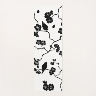 Black and White Pattern Birds on Cherry Blossoms Yogamat
