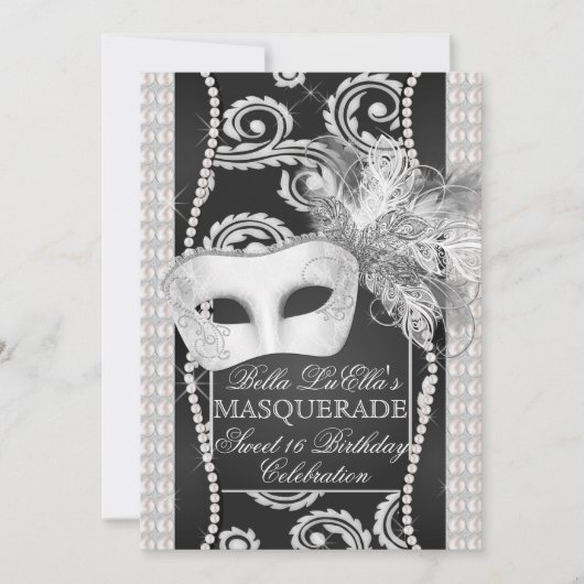 Black and White Pearl Masquerade Uitnodiging (Voorkant)