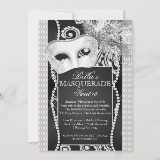Black and White Pearl Masquerade Uitnodiging (Achterkant)