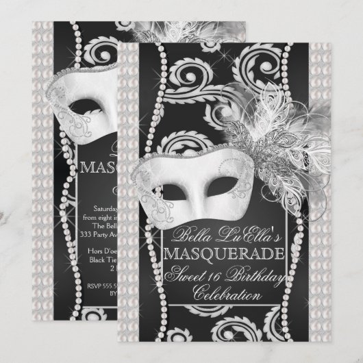 Black and White Pearl Masquerade Uitnodiging (Voorkant / Achterkant)