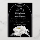 Black and White Peony Silver Wedding Invitation Folie Feestdagenkaart (Voorkant)