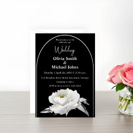 Black and White Peony Silver Wedding Invitation Folie Feestdagenkaart