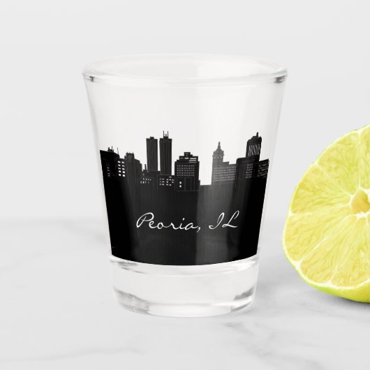 Black and White Peoria Illinois Skyline Shot Glas (Voorkant)