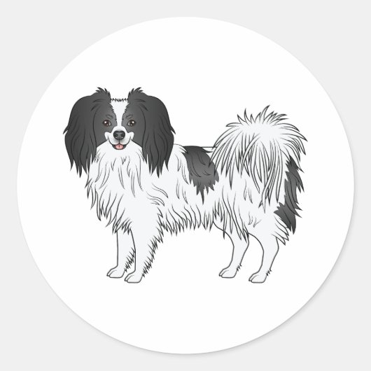 Black and White Phalène Cartoon Dog Illustratie Ronde Sticker (Voorkant)