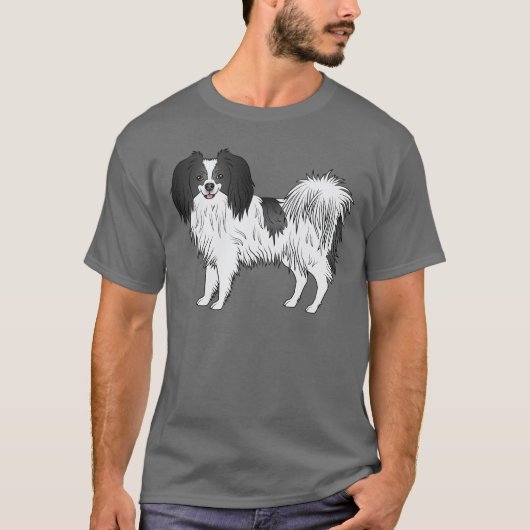 Black and White Phalène Cute Cartoon Dog Tekening T-shirt (Voorkant)