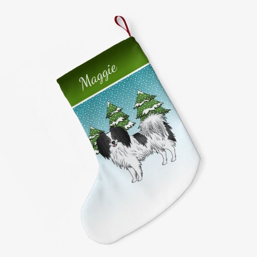 Black and White Phalène Happy Dog Winter Forest Kleine Kerstsok (Achterkant (Hangend))