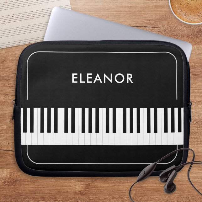 Black and White Piano Keys Musician's Personalized Laptop Sleeve (A stylish laptop sleeve with black and white piano keys design and personalized name)