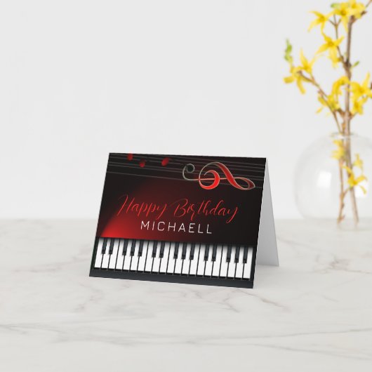 Black and White Piano Red Clef Birthday Kaart (Gele Bloem)