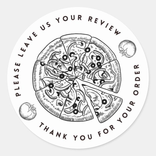 Black and White Pizza Laat Review achter Dank je Ronde Sticker (Voorkant)