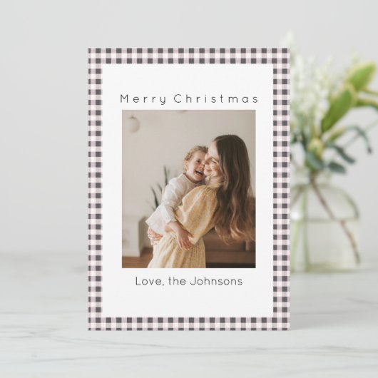 Black And White Plaid Custom Photo Christmas Feestdagenkaart (Staand voorkant)