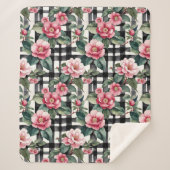 Black and White Plaid With Leafy Pink Camellias Sherpa Deken (Voorkant)