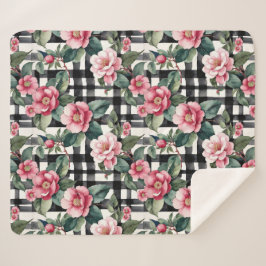 Black and White Plaid With Leafy Pink Camellias Sherpa Deken