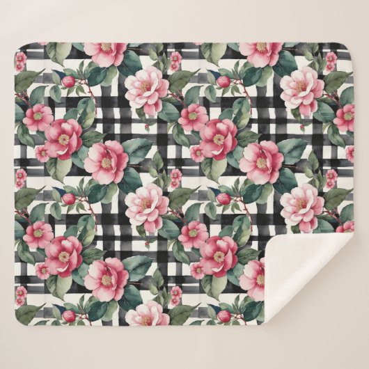 Black and White Plaid With Leafy Pink Camellias Sherpa Deken (Voorkant (horizontaal))