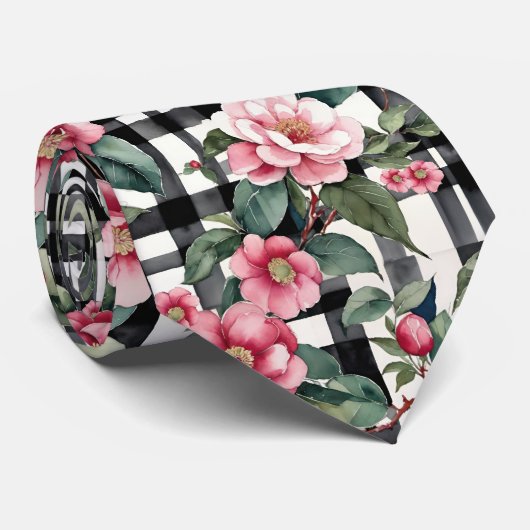 Black and White Plaid With Leafy Pink Camellias Stropdas (Opgerold)