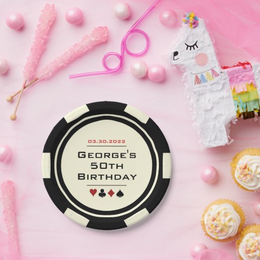 Black and White Poker Chip Casino Theme Birthday Papieren Bordje (Feest)