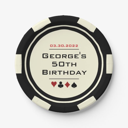 Black and White Poker Chip Casino Theme Birthday Papieren Bordje (Voorkant)