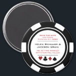 Black and White Poker Chip Wedding Save the Date Magneet<br><div class="desc">Duw uw uw gasten door hen deze zwarte,  witte,  en rode pokerchip te verzenden sparen de datummagneten om op hun koelkast te plaatsen. Ze wachten vol ongeduld op de officiële uitnodiging voor deze leuke bruiloft.</div>