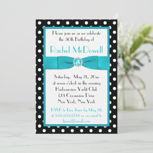 Black and White Polka Dot 30th Birthday Invitation Kaart (Staand voorkant)