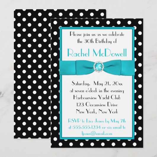Black and White Polka Dot 30th Birthday Invitation Kaart (Voorkant / Achterkant)