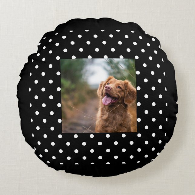 Black and white polka dot Dog pic Rond Kussen (Voorkant)