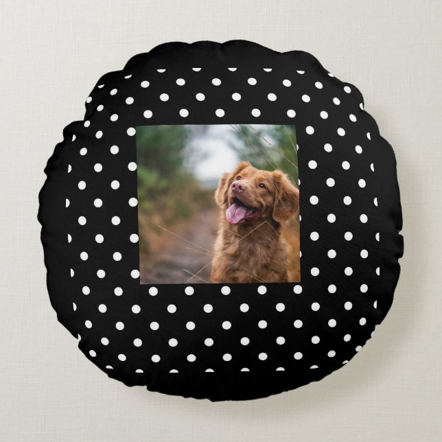 Black and white polka dot Dog pic Rond Kussen (Voorkant)