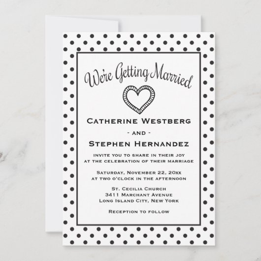 Black and White Polka Dot Heart Wedding Kaart (Voorkant)