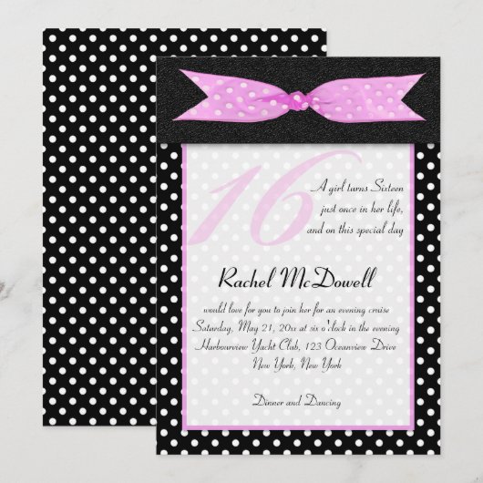 Black and White Polka Dot Sweet Sixteen Uitnodigin Kaart (Voorkant / Achterkant)