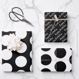 Black and White Polka Dots Happy Birthday Inpakpapier Vel