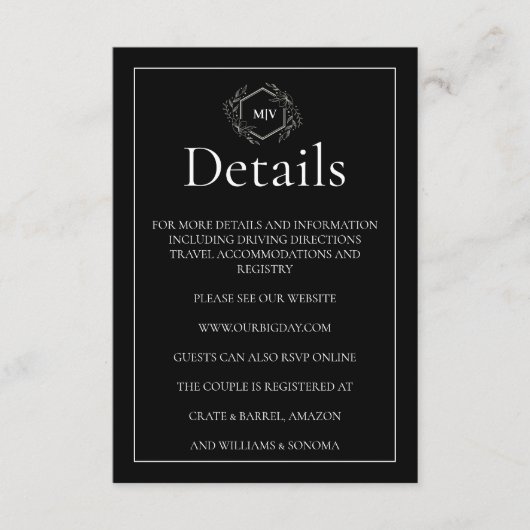 Black and White QR Code Monogram Enclosure Card Informatiekaartje (Voorkant)