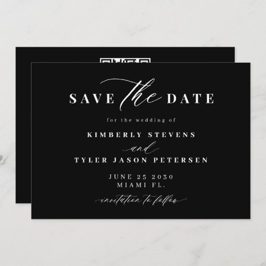 Black and white QR code simple elegant wedding  Save The Date (Voorkant / Achterkant)