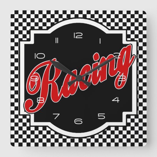 Black and White Racing Square Clock Vierkante Klok (Voorkant)