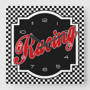 Black and White Racing Square Clock Vierkante Klok