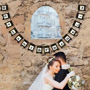 Black and White Random Gold Dot Patten Wedding Vlaggetjes