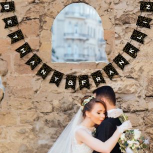 Black and White Random Gold Dot Patten Wedding Vlaggetjes