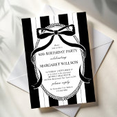 Black and white retro stripes bow birthday party kaart